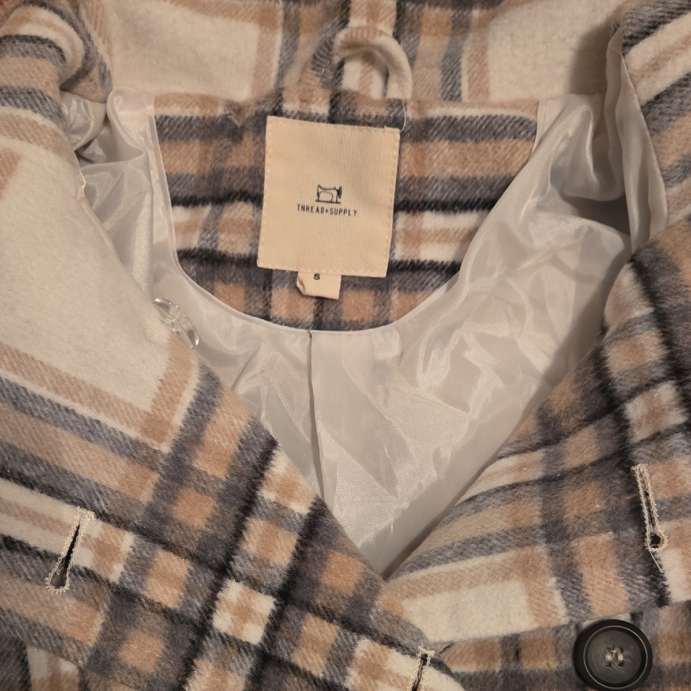 Thread & Supply Beige and Navy Plaid Pea Coat - Picture 2 of 3